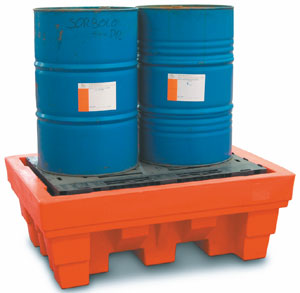 sump, bund spill pallet,two drums sump pallet, ecosun d2, 
      spill sump for two 200 liter drums, 
        polyethylene rotomoulded bund for containment of hazardous materials, 
         acid and  alkaly resistant, plastic bund